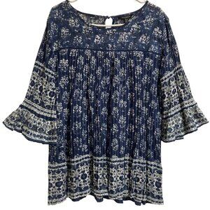 NEW Womens LUCKY BRAND Blue Floral Flared Sleeve Lace Trim Pintuck Blouse Top XL